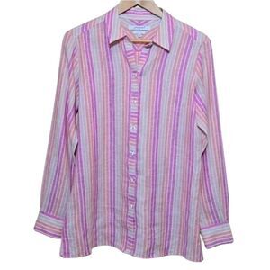 Striped Linen Button Down Shirt Easy Care Relaxed Fit Size 8‎ Spring Easter